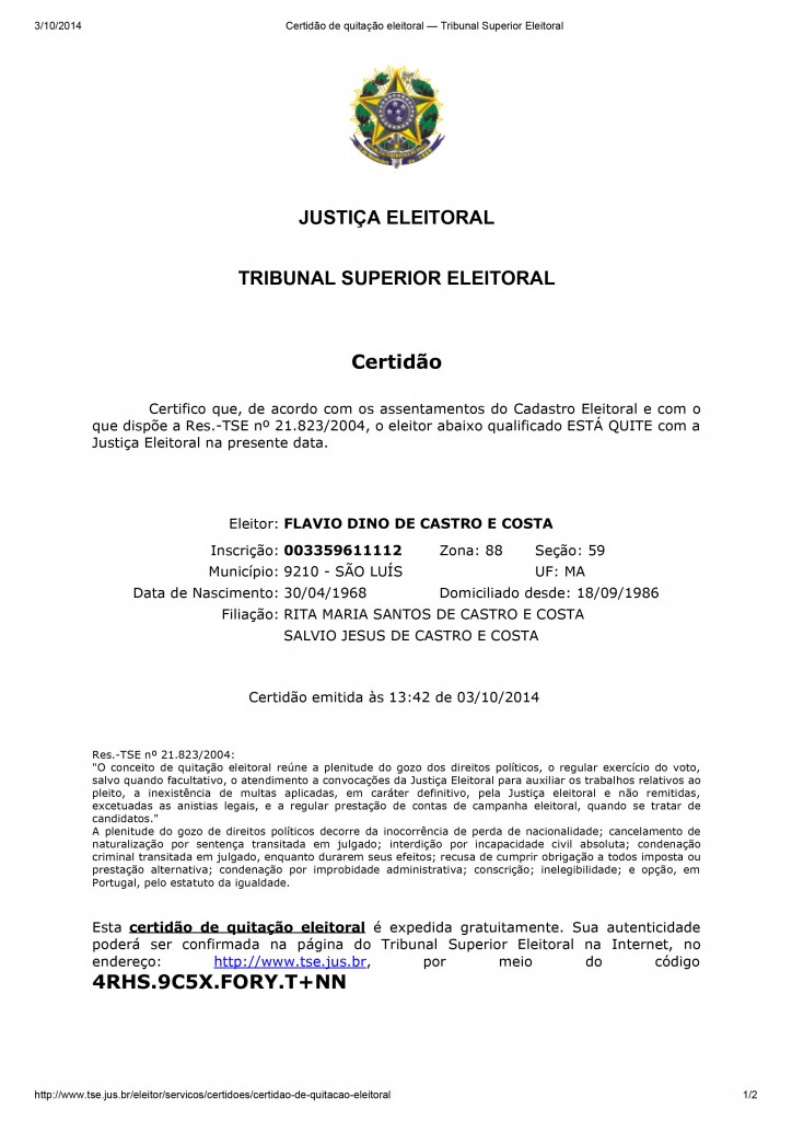 Certidão de quitação eleitoral — Tribunal Superior Eleitoral - Flávio-1
