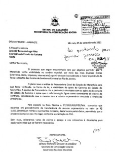 Figura 2 - Ofício da Secom para a Setur solicitando contrato de patrocínio para a Escola Beija-Flor