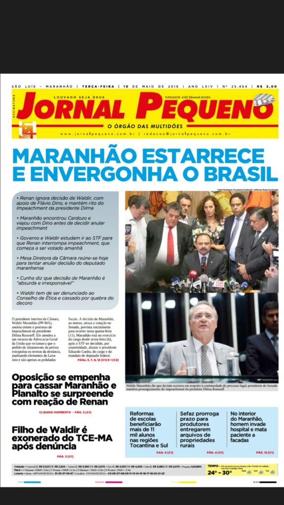 Capa do Jornal Pequeno desta terça-feira, destacando o ato irresponsável de Waldir Maranhão